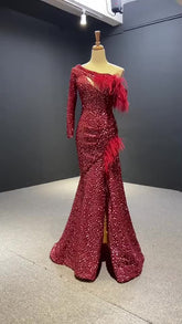 Red One Shoulder Sexy Sequin Formal Evening Dress - FashionByTeresa
